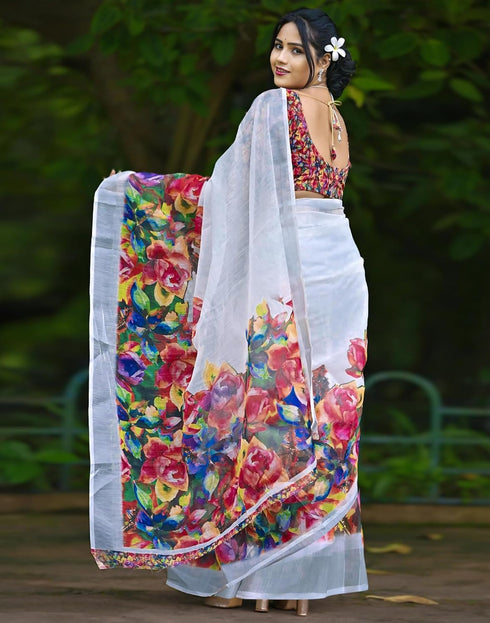 Vasthrlay Womens Unstitched Blouse White Saree