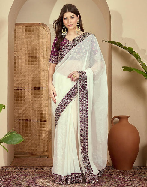 Vasthrlay Embroidery Chiffon Off White Saree With Unstitched Blouse Piece