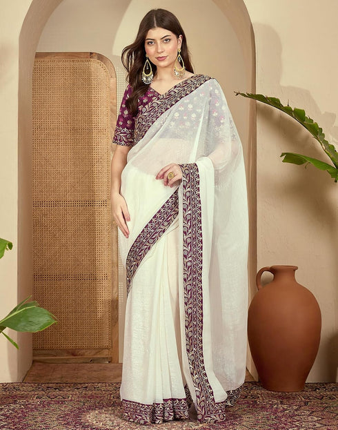 Vasthrlay Embroidery Chiffon Unstitched Off White Saree