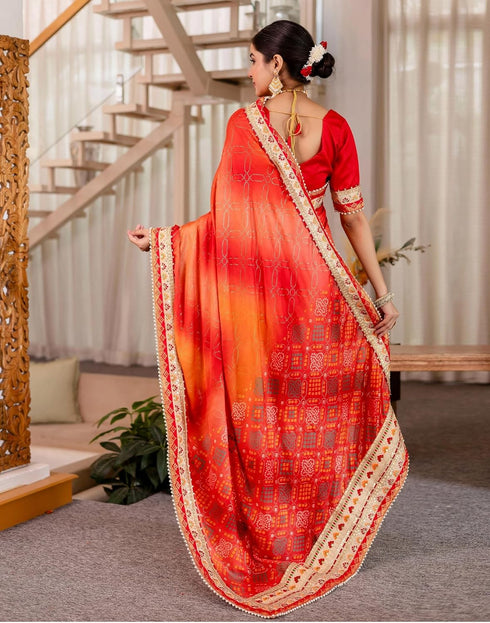 Vasthrlay Bandhani Embroidery Unstitched Teal Saree