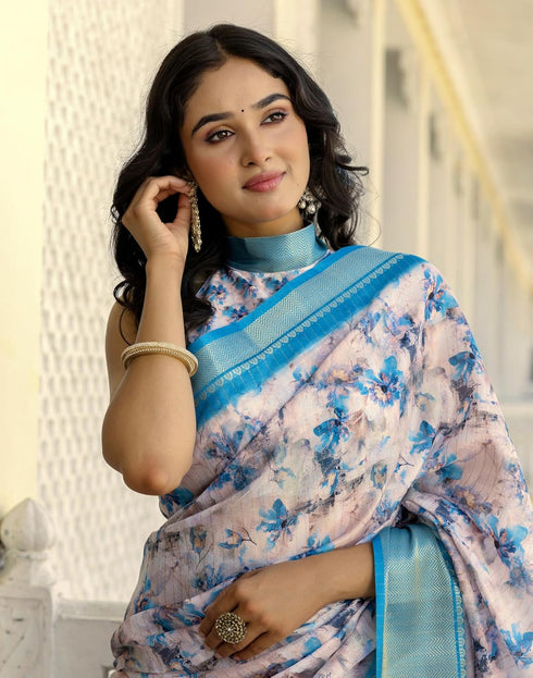Vasthrlay Womens Printed Unstitched Beige Saree