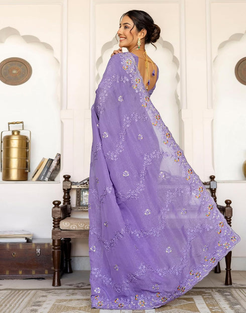 Vasthrlay Embroidery Scalloped Unstitched Maroon Saree