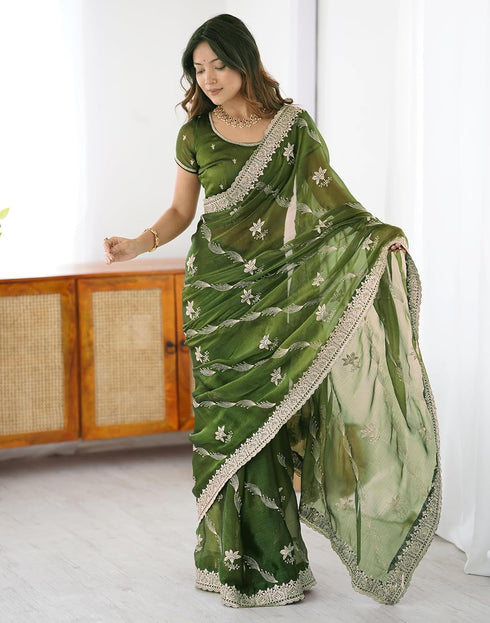 Vasthrlay Scalloped Embroidery Unstitched Lime Green Saree