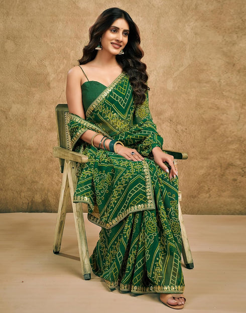Vasthrlay Georgette Traditional Unstitched Dark Green Saree