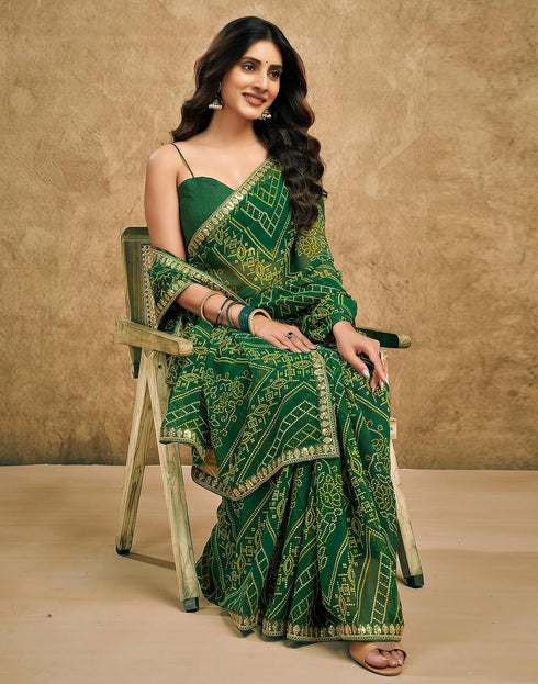 Vasthrlay Georgette Traditional Dark Green | Golden Saree With Unstitched Blouse Piece
