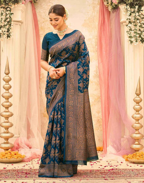 Vasthrlay Womens Weaving Dark Blue | Copper Saree With Unstitched Blouse Piece