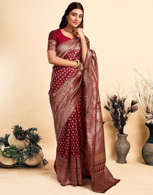 Vasthrlay Kanjivaram Banarasi Wedding Maroon Saree With Unstitched Blouse Piece