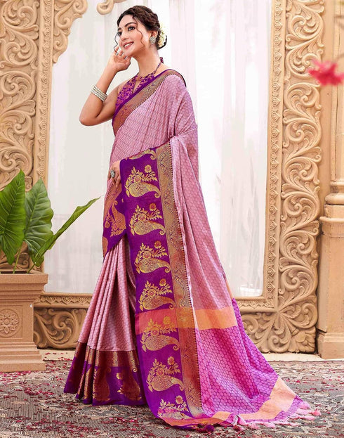 Vasthrlay Banarasi Jacquard Pink Saree With Unstitched Blouse Piece