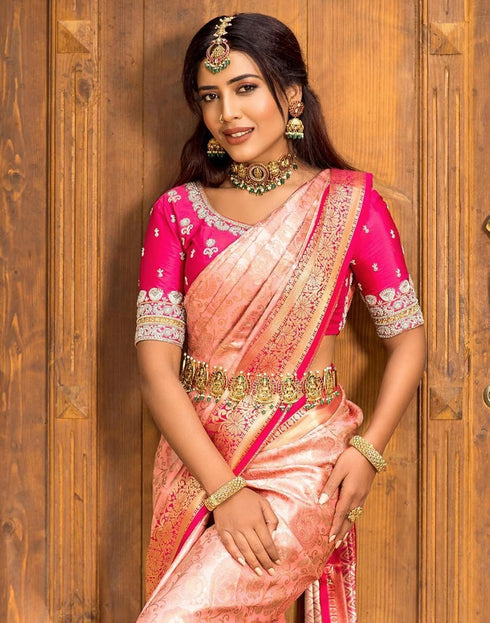 Vasthrlay Banarasi Jacquard Light Pink Saree With Unstitched Blouse Piece