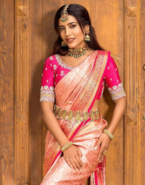 Vasthrlay Banarasi Jacquard Unstitched Beige Saree
