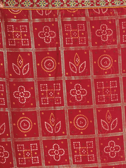 Vasthrlay Georgette Bandhani Printed Sequence Embroidery Dark Red Saree With Unstitched Blouse Piece