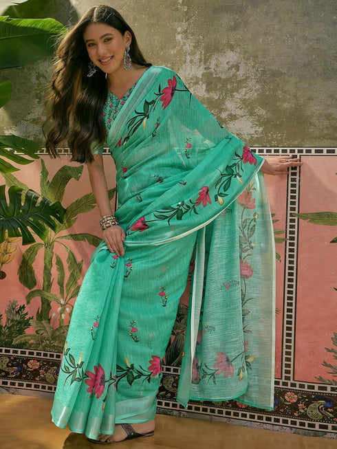 Vasthrlay Womens Printed Unstitched White Saree