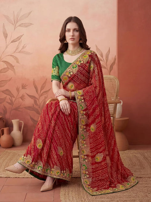 Vasthrlay Georgette Embroidery Unstitched Red Saree