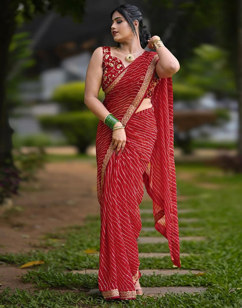 Vasthrlay Georgette Leheriya Red Saree With Unstitched Blouse Piece