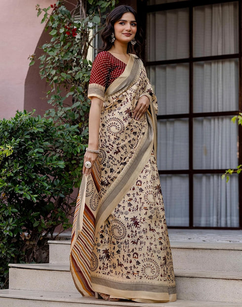 Vasthrlay Womens Printed Unstitched White Saree
