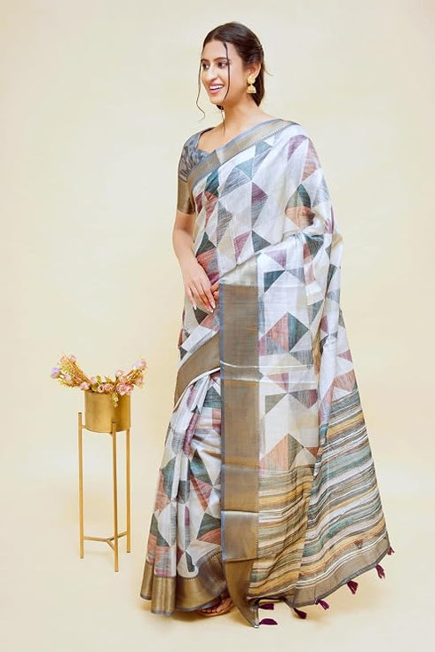 Vasthrlay Grey Mauve Geometric Triangle Print Polyester Saree With Muted Gold Zari Border And Teal Blue Ruched Unstitched Blouse Piece