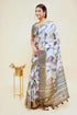 Vasthrlay Grey Mauve Geometric Triangle Print Polyester Saree With Muted Gold Zari Border And Teal Blue Ruched Unstitched Blouse Piece