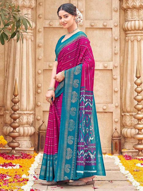 Vasthrlay Georgette Printed Rani Pink Saree With Teal Blue Unstitched Blouse Piece