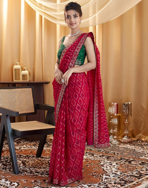 Vasthrlay Georgette Bandhani Unstitched Red Saree