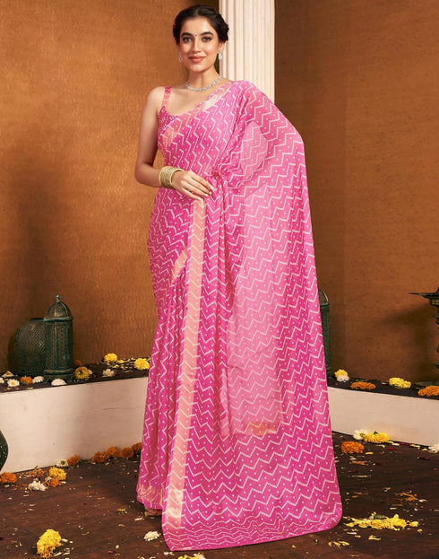 Vasthrlay Chiffon Bandhani Unstitched Dark Green Saree