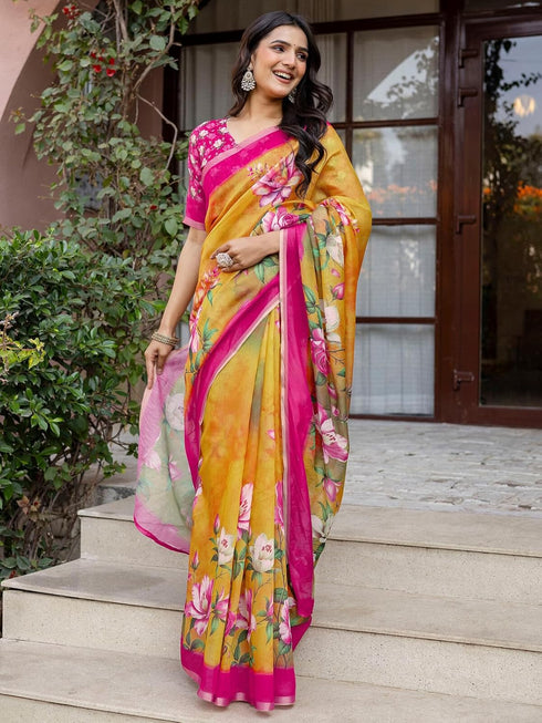 Vasthrlay Womens Printed Unstitched Multicolor Saree