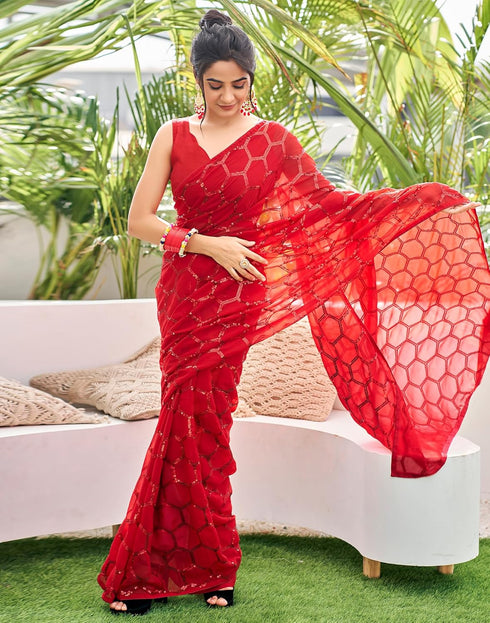 Vasthrlay Georgette Embroidery Unstitched Red Saree
