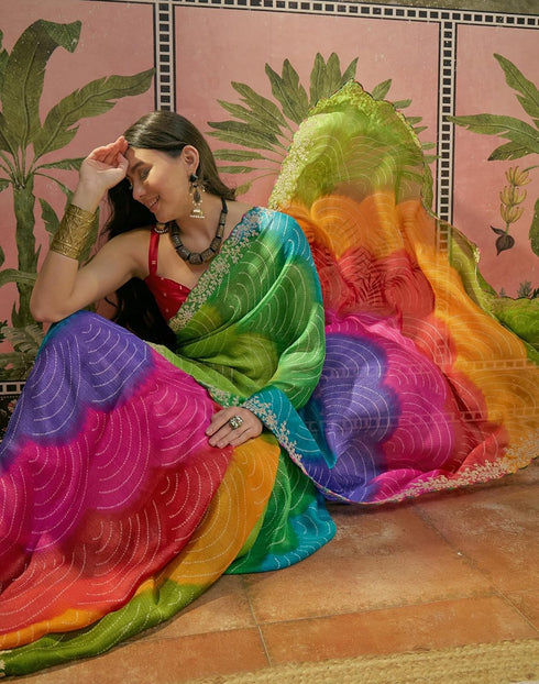 Vasthrlay Scalloped Embroidery Unstitched Lime Green Saree