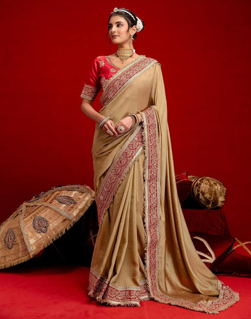 Vasthrlay Vichitra Embroidery Khaki Saree With Red Unstitched Blouse Piece