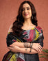 Vasthrlay Womens Printed Black And Yellow Saree With Unstitched Blouse Piece