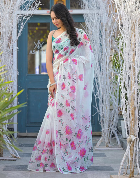 Vasthrlay Womens Printed Unstitched Off White Saree