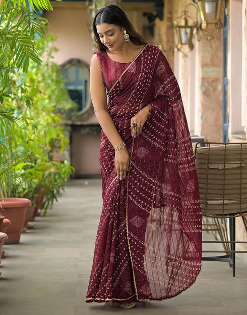 Vasthrlay Georgette Bandhani Unstitched Maroon Saree