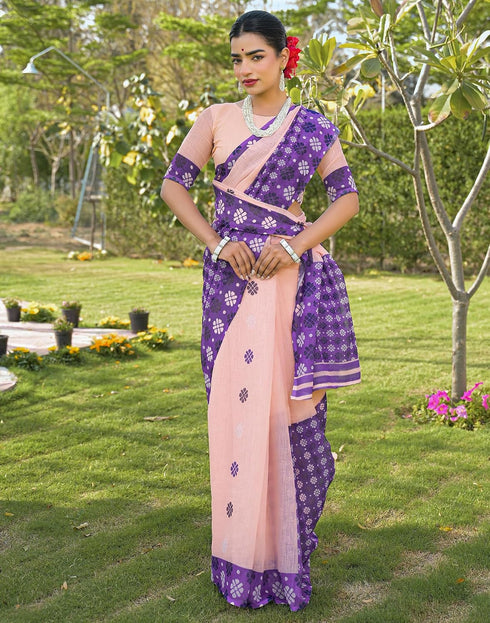 Vasthrlay Womens Printed Peach | Purple Saree With Unstitched Blouse Piece