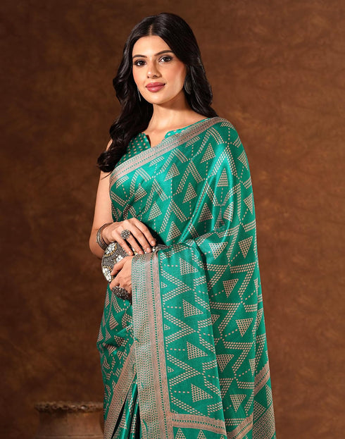 Vasthrlay Womens Printed Teal Green Saree With Unstitched Blouse Piece