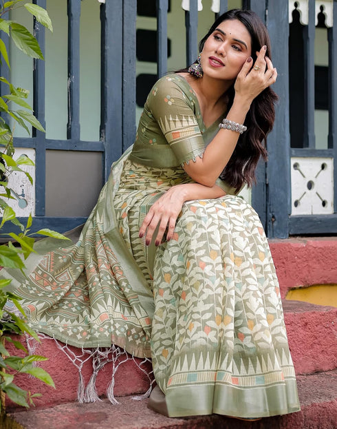Vasthrlay Womens Printed Unstitched Light Green Saree