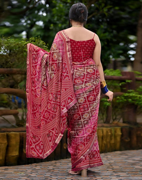 Vasthrlay Georgette Bandhani Unstitched Maroon Saree