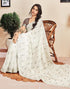 Vasthrlay Printed Striped White Saree With Unstitched Blouse Piece