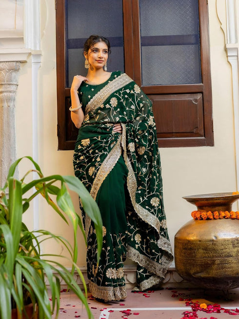 Vasthrlay Georgette Embroidery Dark Green Saree With Unstitched Blouse Piece