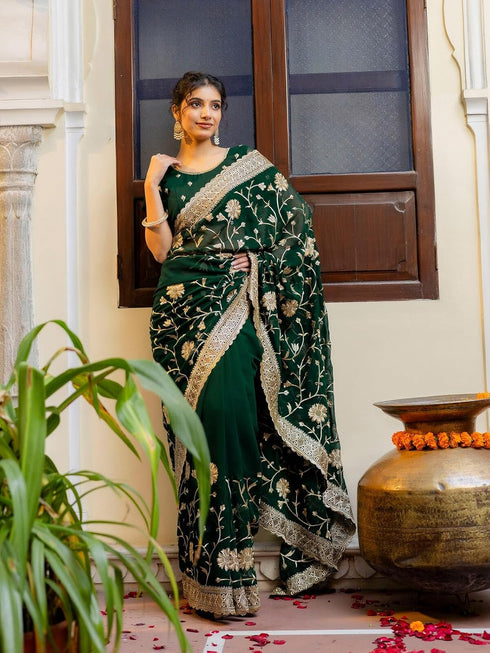 Vasthrlay Georgette Embroidery Navy Navy Blue Saree