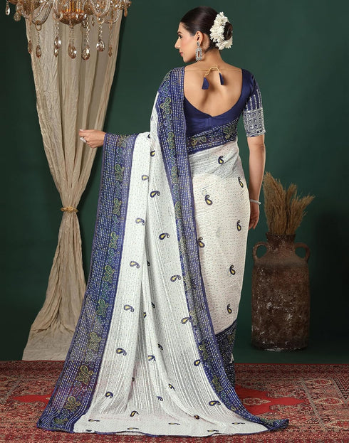 Vasthrlay Georgette Bandhani Unstitched White Saree