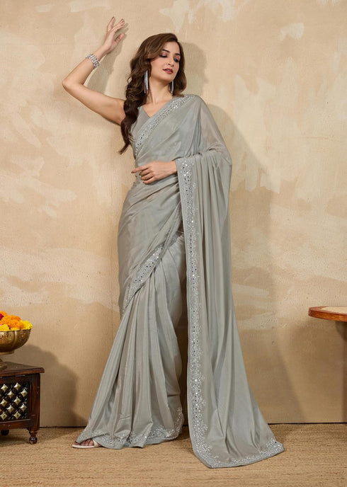 Vasthrlay Siroski Unstitch Grey Ethnic Wear