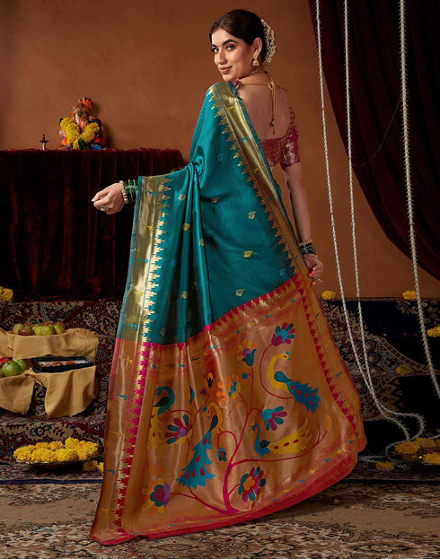 Vasthrlay Womens Paithani Teal Green Saree With Red Unstitched Blouse Piece