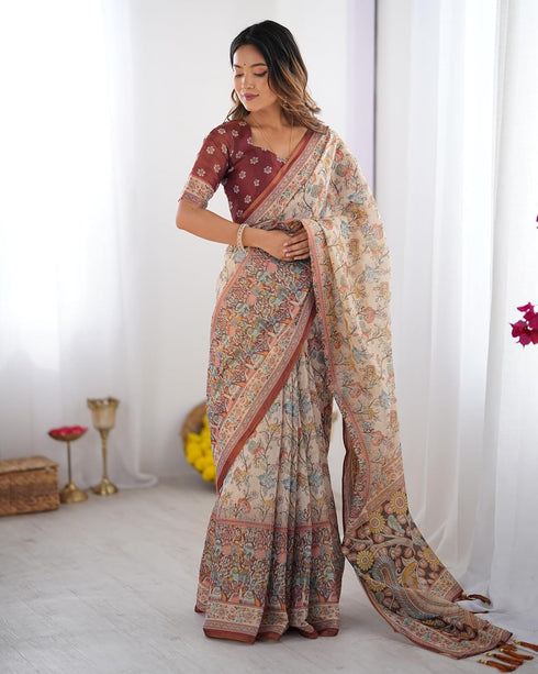 Vasthrlay Beige Blue Traditional Multicolour Saree