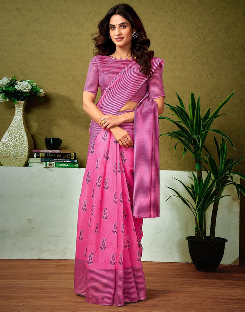 Vasthrlay Chanderi Printed Pink Saree With Unstitched Blouse Piece