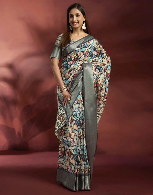 Vasthrlay Womens Printed Unstitched Navy Blue Saree