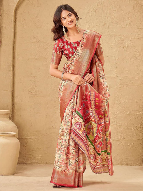 Vasthrlay Printed Jacquard Beige Saree With Red Unstitched Blouse Piece