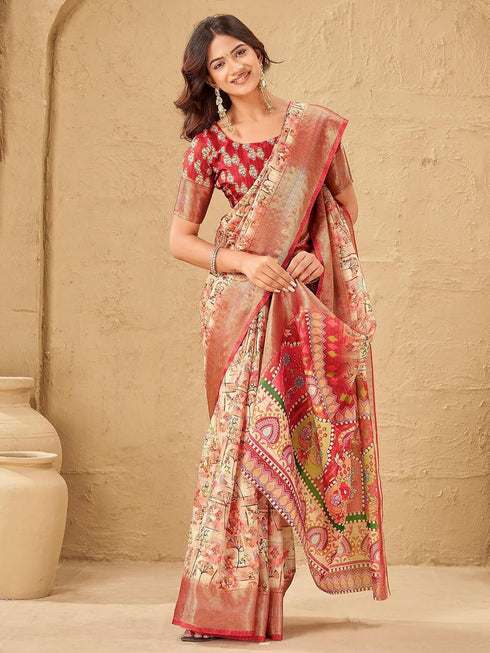 Vasthrlay Printed Jacquard Unstitched Dusty Pink Saree