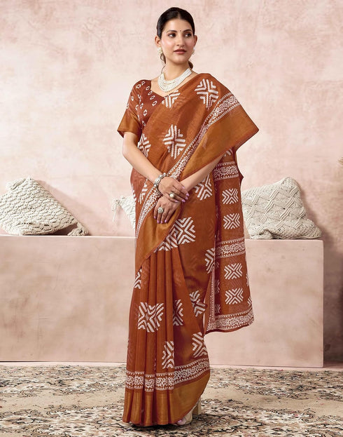 Vasthrlay Womens Cotton Blouse Rust Saree With Unstitched Blouse Piece