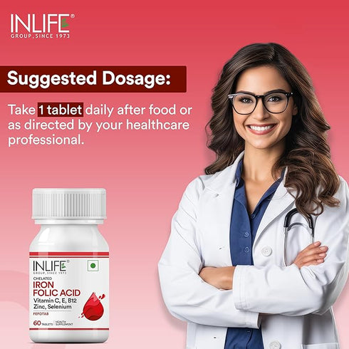 INLIFE Chelated Iron Folic Acid Supplement with Vitamin C, E, B12, Zinc & Selenium