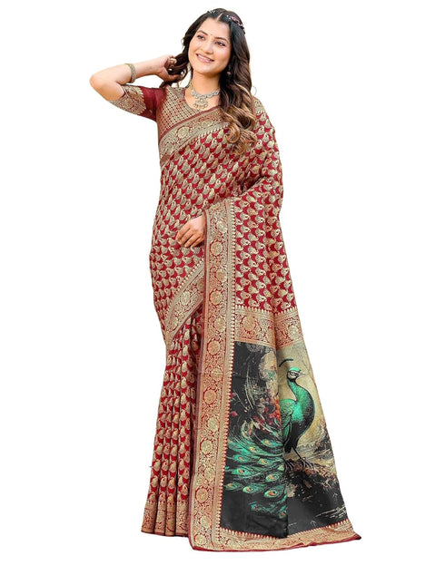 Vasthrlay Womens Weaving Unstitched Maroon Saree