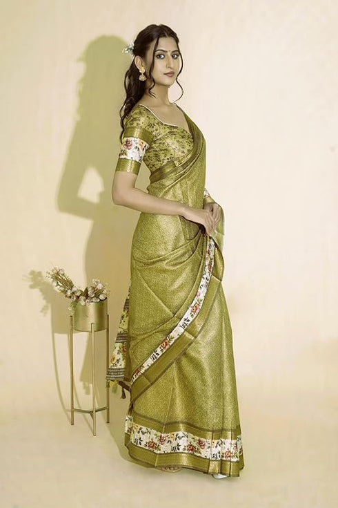 Vasthrlay Antique Gold Abstract Floral Polyester Saree With Zari Border And Ruched Unstitched Blouse Piece